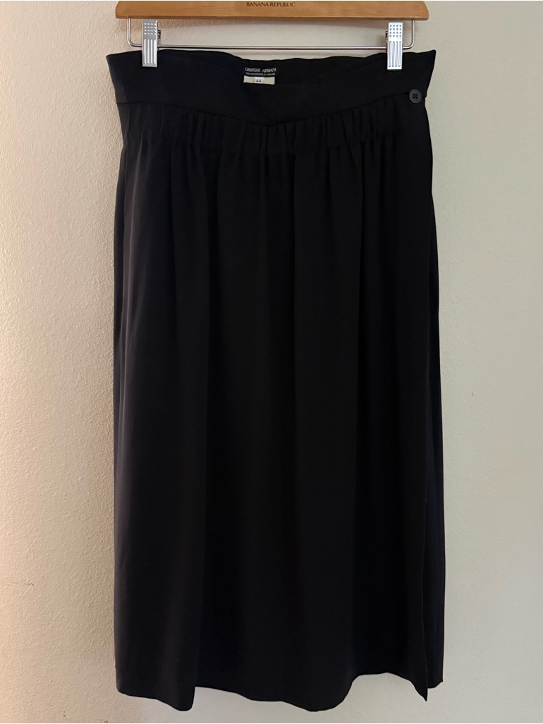Vintage Giorgio Armani Black Midi 100% Silk Wrap Paperbag Waist Skirt